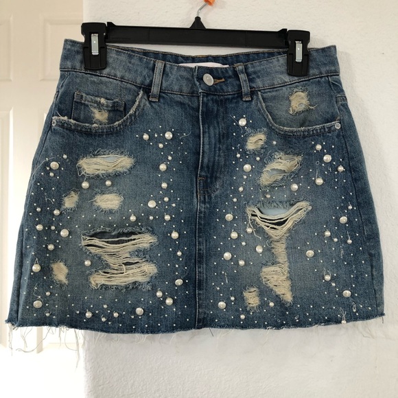 ZARA Trafaluc Denin Skirt with pearls size s - Picture 1 of 4